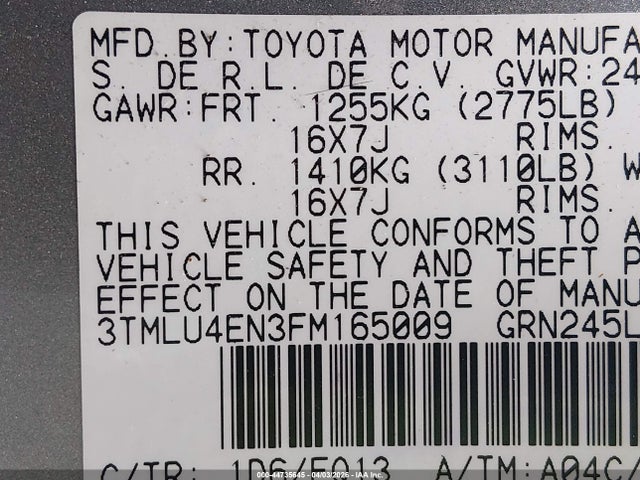 Aukcja sprzedaży 2015 Toyota Tacoma Base V6, vin: 3TMLU4EN3FM165009, numer aukcji: 44735645