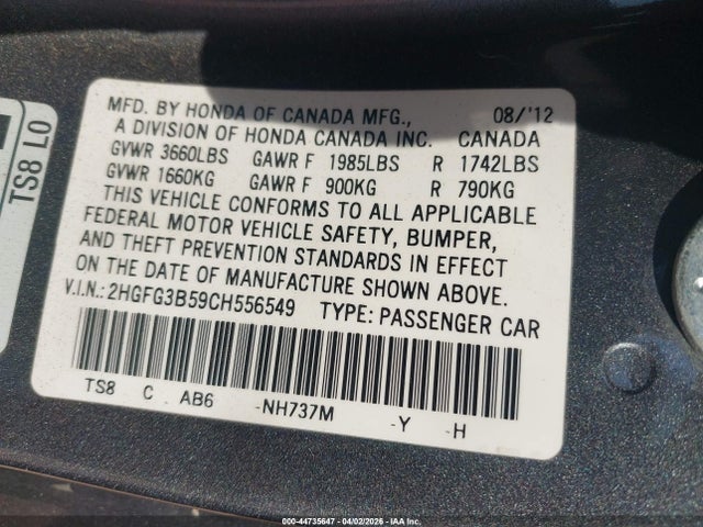 Продаж на аукціоні авто 2012 Honda Civic Lx, vin: 2HGFG3B59CH556549, номер лоту: 44735647