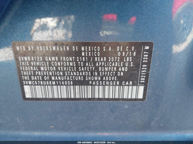 2019 Volkswagen Jetta 1.4t R-line/1.4t S/1.4t Se მანქანა იყიდება აუქციონზე, vin: 3VWC57BU6KM114038, აუქციონის ნომერი: 44735653