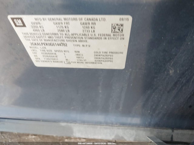 Aukcja sprzedaży 2016 Gmc Terrain Slt, vin: 2GKALPEK0G6144782, numer aukcji: 44735658