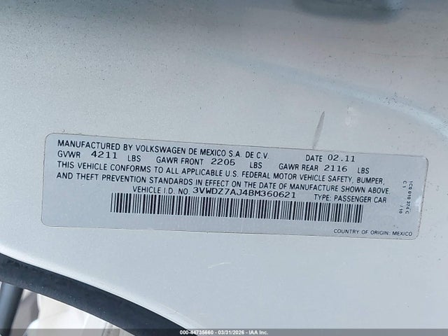 2011 Volkswagen Jetta 2.5l Se მანქანა იყიდება აუქციონზე, vin: 3VWDZ7AJ4BM360621, აუქციონის ნომერი: 44735660