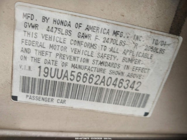 Aukcja sprzedaży 2002 Acura Tl 3.2, vin: 19UUA56662A046342, numer aukcji: 44735675