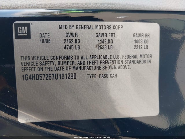 Продажа на аукционе авто 2007 Buick Lucerne Cxl, vin: 1G4HD57267U151290, номер лота: 44735686