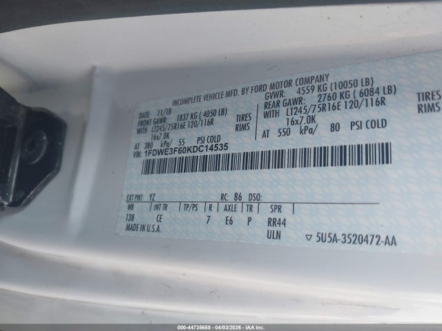 Aukcja sprzedaży 2019 Ford E-350 Cutaway, vin: 1FDWE3F60KDC14535, numer aukcji: 44735688