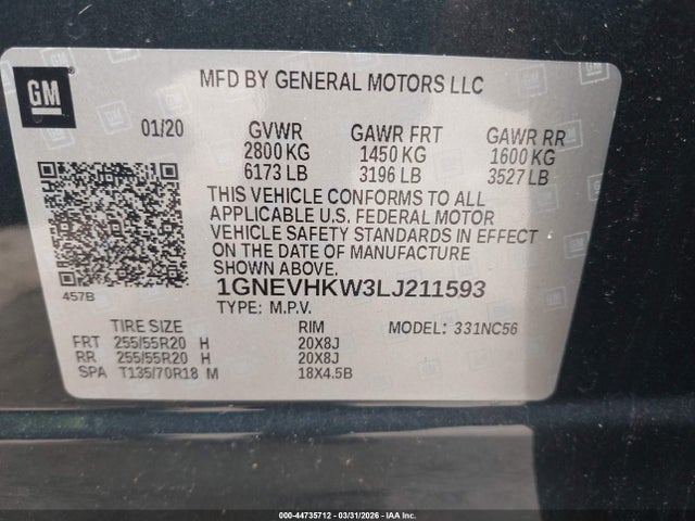 2020 Chevrolet Traverse Awd Lt Leather მანქანა იყიდება აუქციონზე, vin: 1GNEVHKW3LJ211593, აუქციონის ნომერი: 44735712