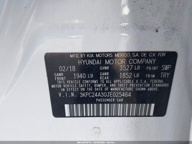 44735716 :رقم المزاد ، 3KPC24A30JE025464 vin ، 2018 Hyundai Accent Se مزاد بيع