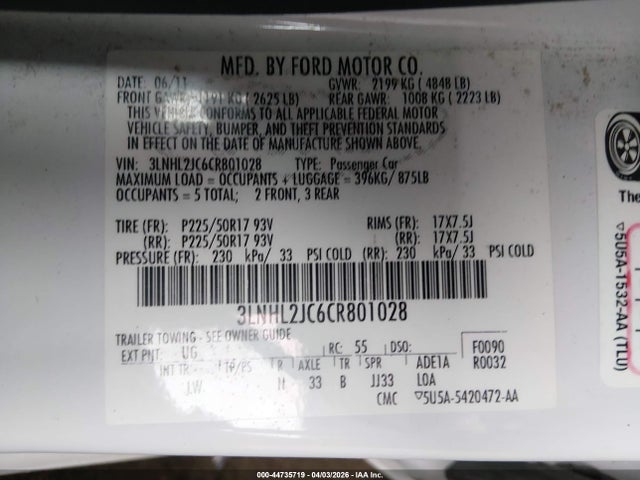 Aukcja sprzedaży 2012 Lincoln Mkz, vin: 3LNHL2JC6CR801028, numer aukcji: 44735719