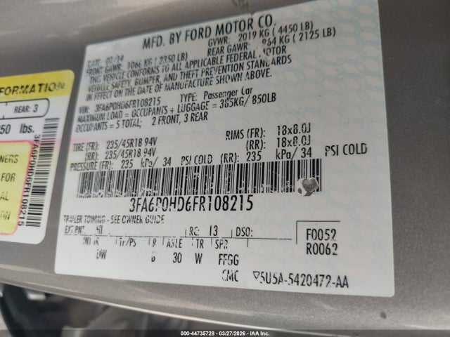 44735728 :رقم المزاد ، 3FA6P0HD6FR108215 vin ، 2015 Ford Fusion Se مزاد بيع