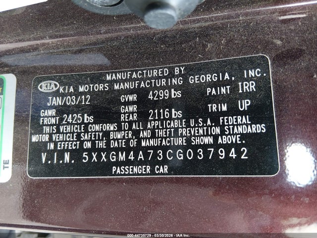 2012 Kia Optima Lx მანქანა იყიდება აუქციონზე, vin: 5XXGM4A73CG037942, აუქციონის ნომერი: 44735729