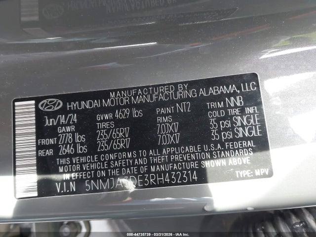 Aukcja sprzedaży 2024 Hyundai Tucson Se, vin: 5NMJA3DE3RH432314, numer aukcji: 44735739