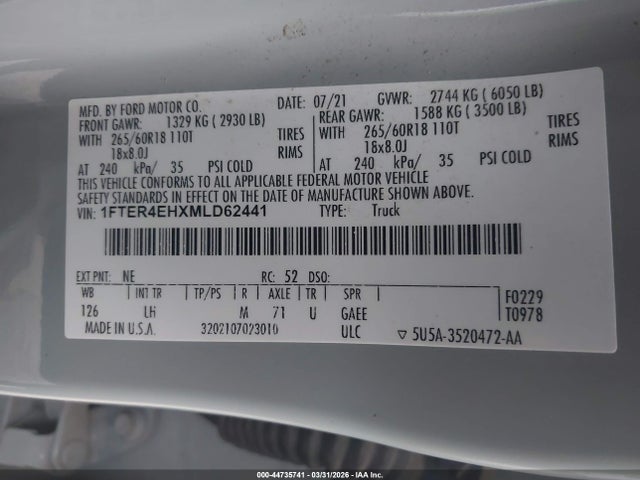 Продаж на аукціоні авто 2021 Ford Ranger Xlt, vin: 1FTER4EHXMLD62441, номер лоту: 44735741