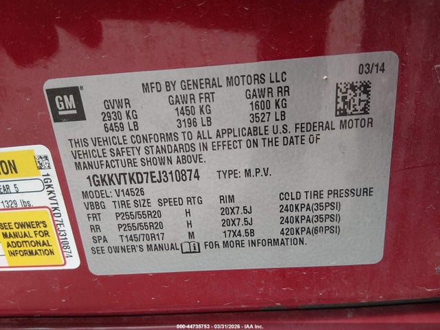 44735753 :رقم المزاد ، 1GKKVTKD7EJ310874 vin ، 2014 Gmc Acadia Denali مزاد بيع
