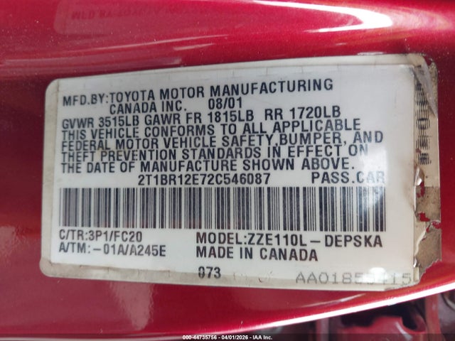 2002 TOYOTA COROLLA 2T1BR12E72C546087 Photo 8