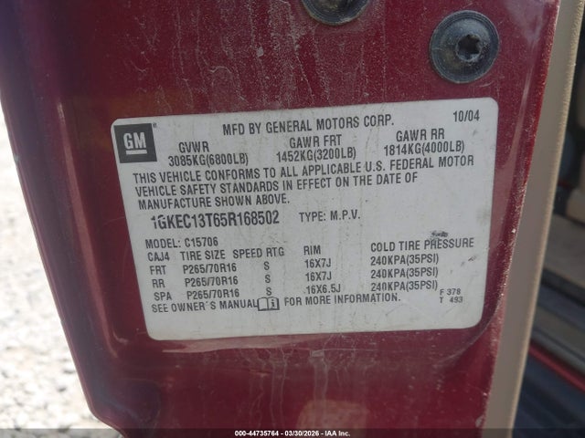 44735764 :رقم المزاد ، 1GKEC13T65R168502 vin ، 2005 Gmc Yukon Slt مزاد بيع