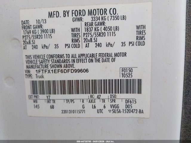 44735780 :رقم المزاد ، 1FTFX1EF6DFD99606 vin ، 2013 Ford F-150 Fx4 مزاد بيع