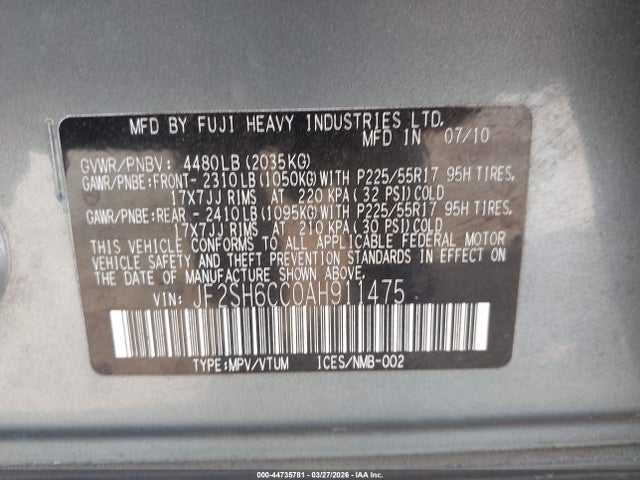 Aukcja sprzedaży 2010 Subaru Forester 2.5x Premium, vin: JF2SH6CC0AH911475, numer aukcji: 44735781