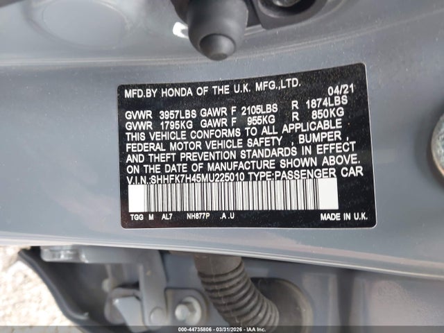 Aukcja sprzedaży 2021 Honda Civic Sport, vin: SHHFK7H45MU225010, numer aukcji: 44735806