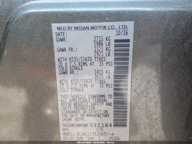 2017 Nissan Pathfinder Platinum მანქანა იყიდება აუქციონზე, vin: 5N1DR2MM3HC631184, აუქციონის ნომერი: 44735807