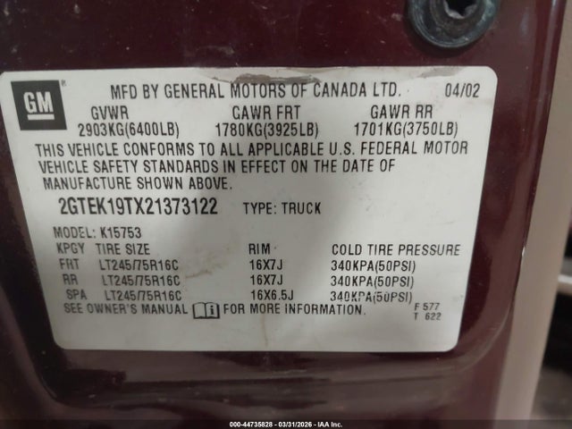 Продаж на аукціоні авто 2002 Gmc Sierra 1500 Sle, vin: 2GTEK19TX21373122, номер лоту: 44735828