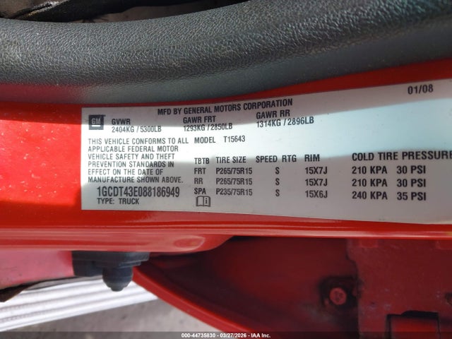 Продажа на аукционе авто 2008 Chevrolet Colorado Lt, vin: 1GCDT43E088186949, номер лота: 44735830