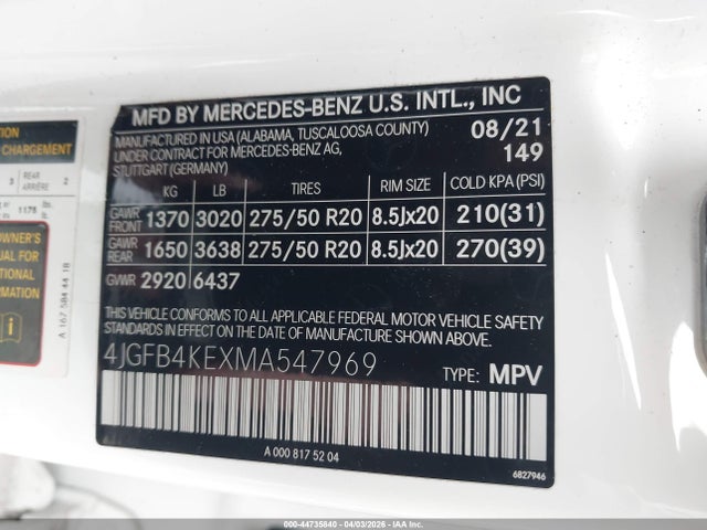 44735840 :رقم المزاد ، 4JGFB4KEXMA547969 vin ، 2021 Mercedes-benz Gle 350 4matic مزاد بيع