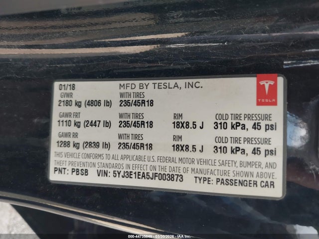 2018 Tesla Model 3 Long Range/mid Range მანქანა იყიდება აუქციონზე, vin: 5YJ3E1EA5JF003873, აუქციონის ნომერი: 44735845