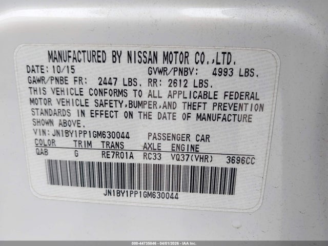 Aukcja sprzedaży 2016 Infiniti Q70l 3.7, vin: JN1BY1PP1GM630044, numer aukcji: 44735846