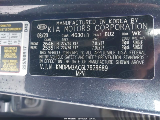 Продажа на аукционе авто 2020 Kia Sportage Lx, vin: KNDPM3AC6L7828689, номер лота: 44735853