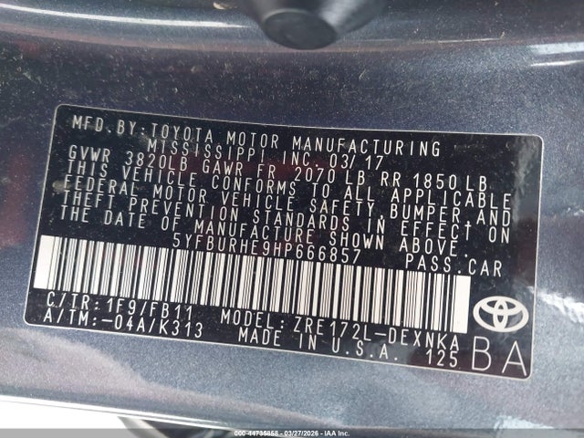 Aukcja sprzedaży 2017 Toyota Corolla Le, vin: 5YFBURHE9HP666857, numer aukcji: 44735858
