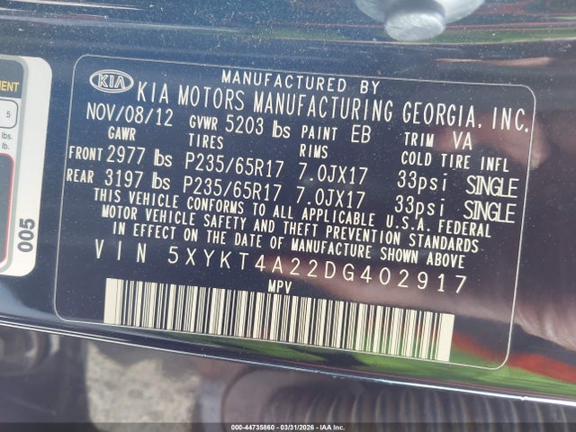 2013 Kia Sorento Lx V6 მანქანა იყიდება აუქციონზე, vin: 5XYKT4A22DG402917, აუქციონის ნომერი: 44735860