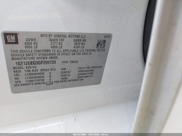 Aukcja sprzedaży 2016 Gmc Sierra 2500hd Denali, vin: 1GT12UEG3GF299728, numer aukcji: 44735861