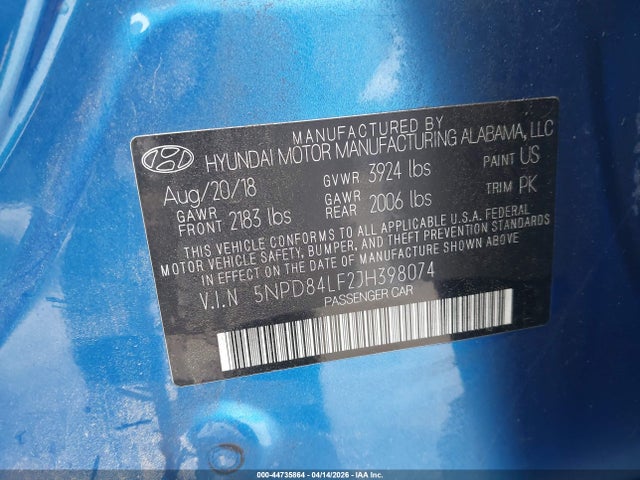 2018 Hyundai Elantra Sel მანქანა იყიდება აუქციონზე, vin: 5NPD84LF2JH398074, აუქციონის ნომერი: 44735864