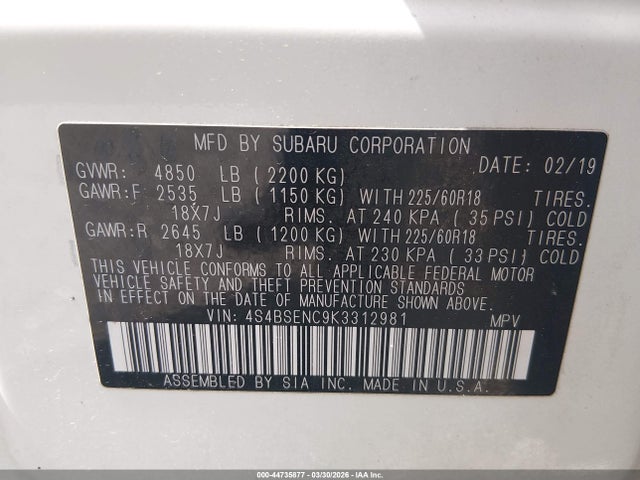 Продажа на аукционе авто 2019 Subaru Outback 3.6r Limited, vin: 4S4BSENC9K3312981, номер лота: 44735877