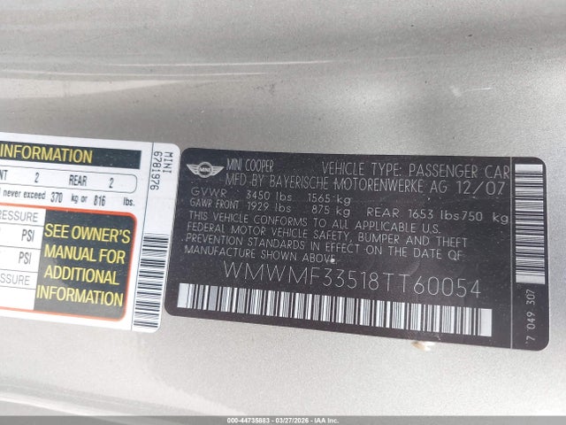 2008 MINI COOPER WMWMF33518TT60054 Photo 8