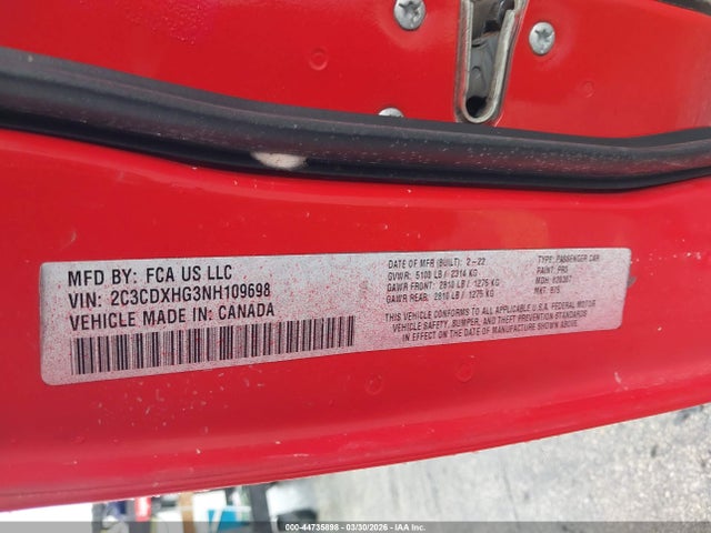 44735898 :رقم المزاد ، 2C3CDXHG3NH109698 vin ، 2022 Dodge Charger Gt Rwd مزاد بيع