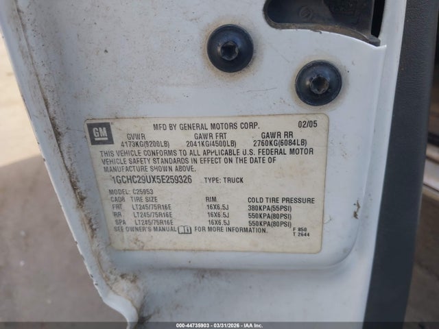 44735903 :رقم المزاد ، 1GCHC29UX5E259326 vin ، 2005 Chevrolet Silverado 2500hd Work Truck مزاد بيع