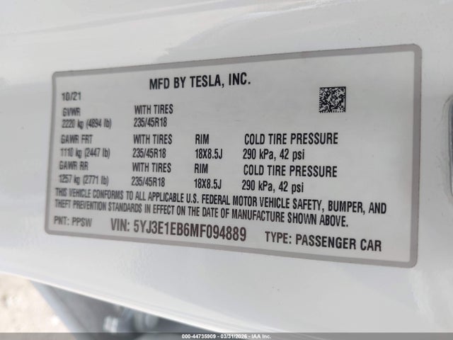 2021 TESLA MODEL 3 5YJ3E1EB6MF094889 Photo 8