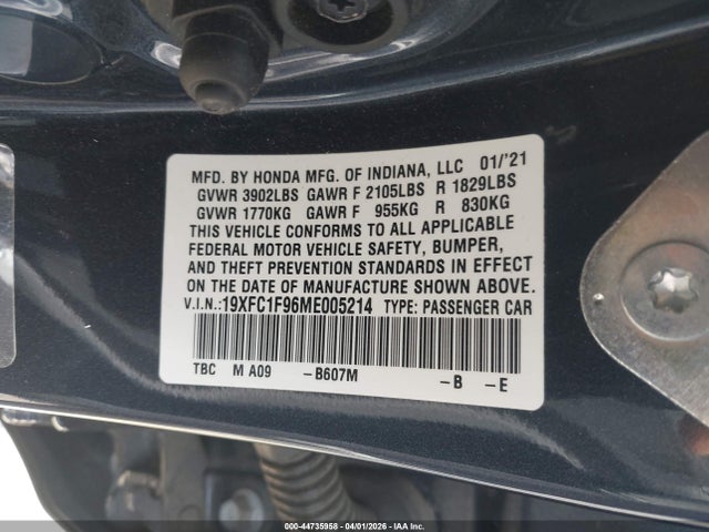 44735958 :رقم المزاد ، 19XFC1F96ME005214 vin ، 2021 Honda Civic Touring مزاد بيع