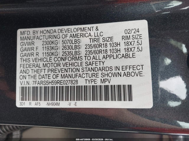 Aukcja sprzedaży 2024 Honda Cr-v Hybrid Sport, vin: 7FARS5H59RE027828, numer aukcji: 44735959