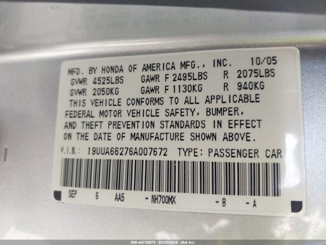 2006 Acura Tl მანქანა იყიდება აუქციონზე, vin: 19UUA66276A007672, აუქციონის ნომერი: 44735970
