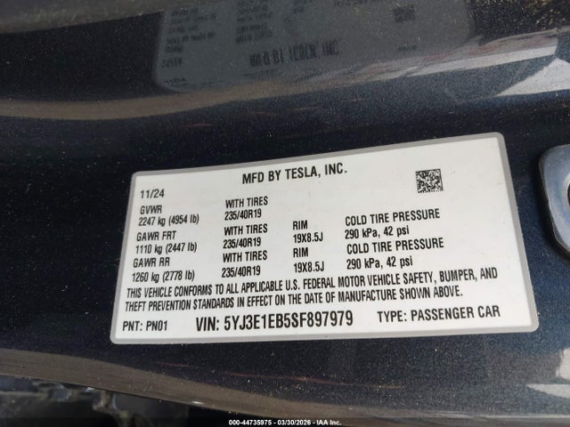 2025 Tesla Model 3 Long Range All-wheel Drive მანქანა იყიდება აუქციონზე, vin: 5YJ3E1EB5SF897979, აუქციონის ნომერი: 44735975