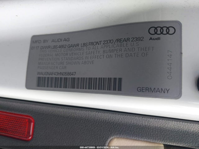44735989 :رقم المزاد ، WAUGNAF43HN058647 vin ، 2017 Audi A4 2.0t Premium مزاد بيع