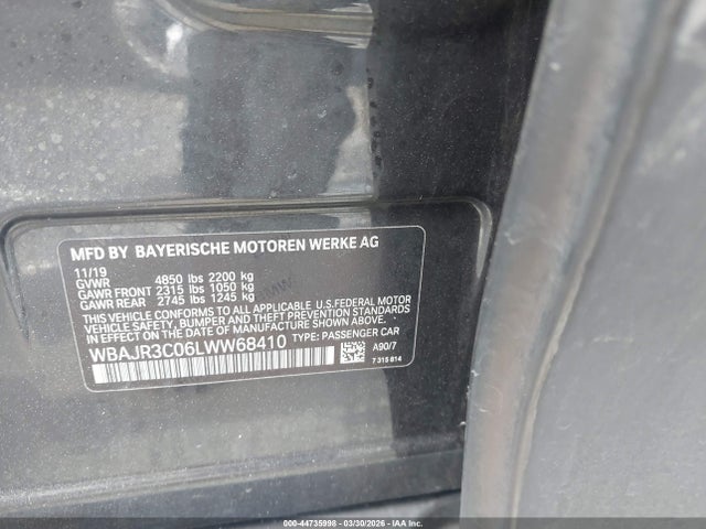 44735998 :رقم المزاد ، WBAJR3C06LWW68410 vin ، 2020 Bmw 530i مزاد بيع