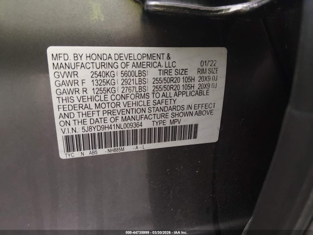 44735999 :رقم المزاد ، 5J8YD9H41NL009364 vin ، 2022 Acura Mdx Technology Package مزاد بيع