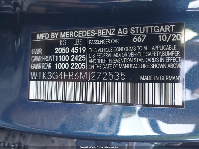 Aukcja sprzedaży 2021 Mercedes-benz A 220 4matic, vin: W1K3G4FB6MJ272535, numer aukcji: 44736003