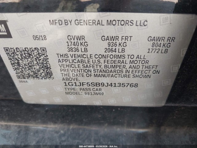 44736009 :رقم المزاد ، 1G1JF5SB9J4135768 vin ، 2018 Chevrolet Sonic Premier Auto مزاد بيع