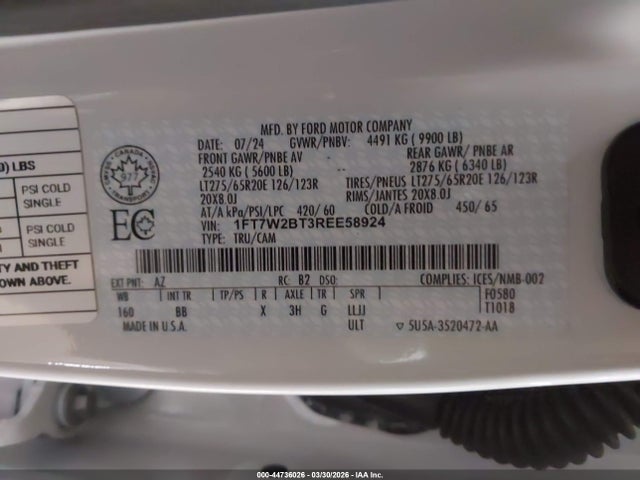 44736026 :رقم المزاد ، 1FT7W2BT3REE58924 vin ، 2024 Ford F-250 Platinum مزاد بيع