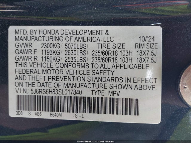 Aukcja sprzedaży 2025 Honda Cr-v Hybrid Sport-l, vin: 5J6RS6H83SL017840, numer aukcji: 44736035