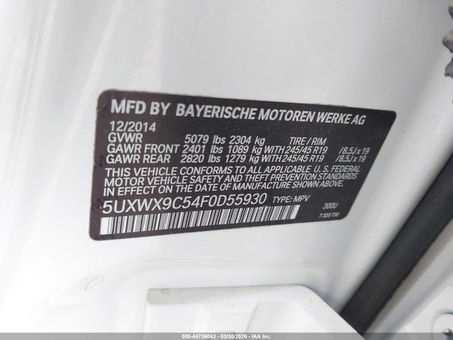 44736043 :رقم المزاد ، 5UXWX9C54F0D55930 vin ، 2015 Bmw X3 Xdrive28i مزاد بيع