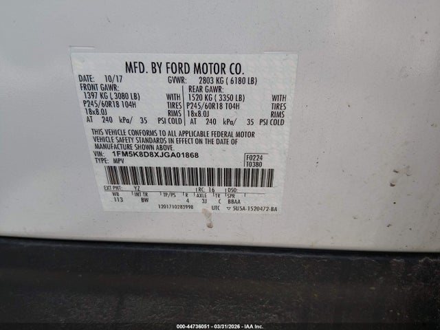 Aukcja sprzedaży 2018 Ford Explorer Xlt, vin: 1FM5K8D8XJGA01868, numer aukcji: 44736051